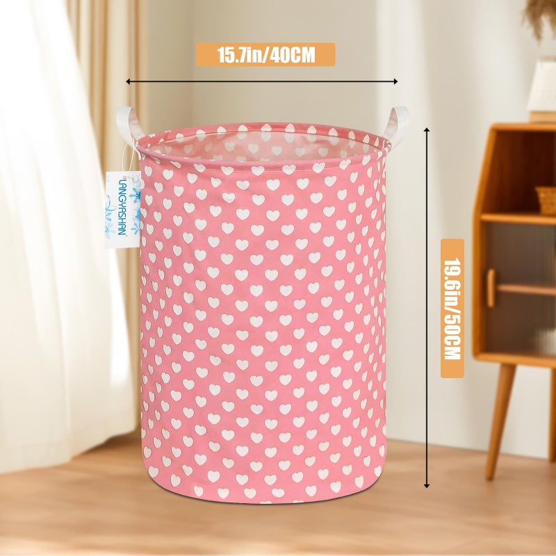 LANGYASHAN Laundry Basket Canvas Fabric Collapsible Organizer Basket for Storage Bin Toy Bins Gift Baskets Bedroom Clothes Children Nursery Hamper (pink heart) - Image 2